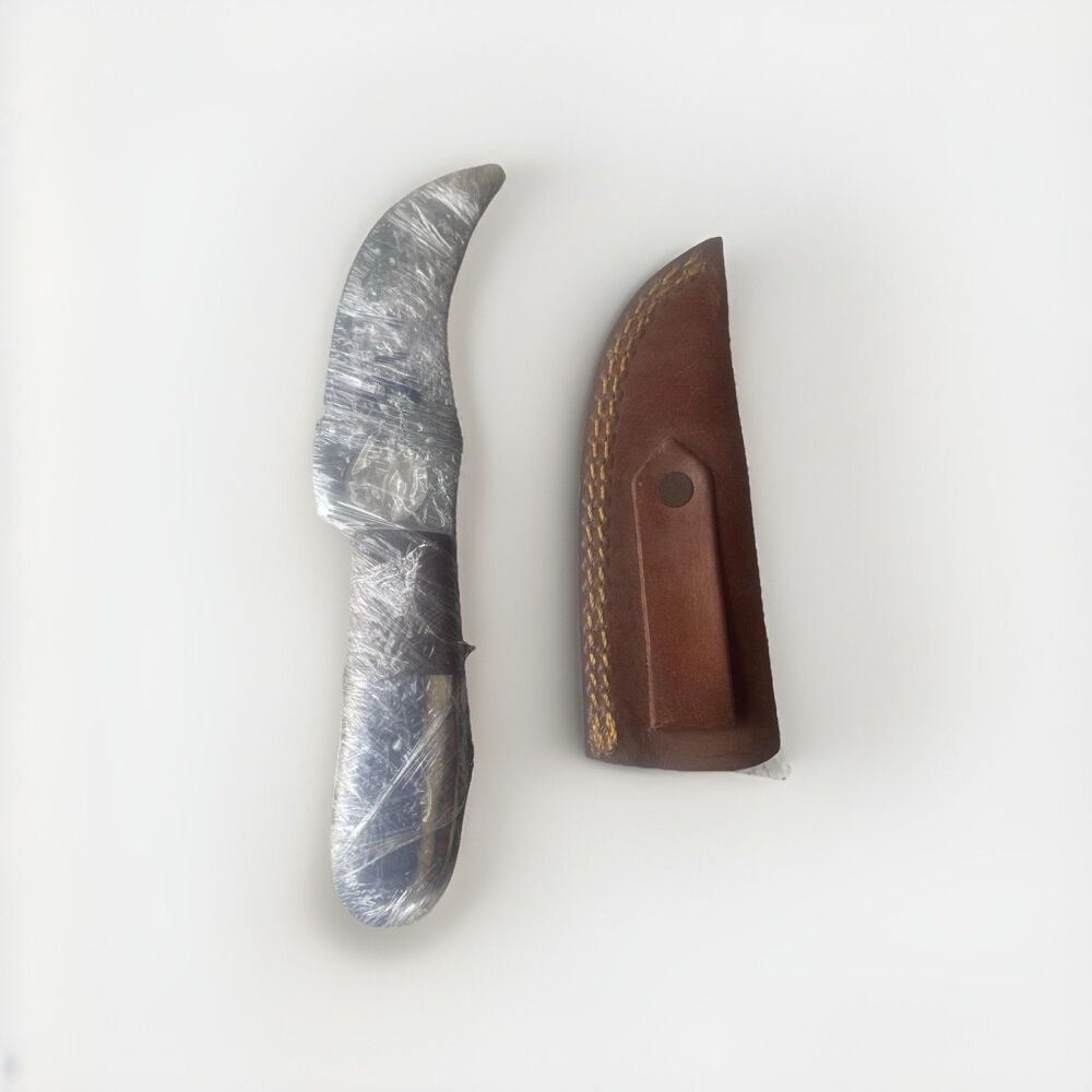 Handmade Curved Fixed Blade Skinner Knife Leather Sheath Wood/Blue Handle